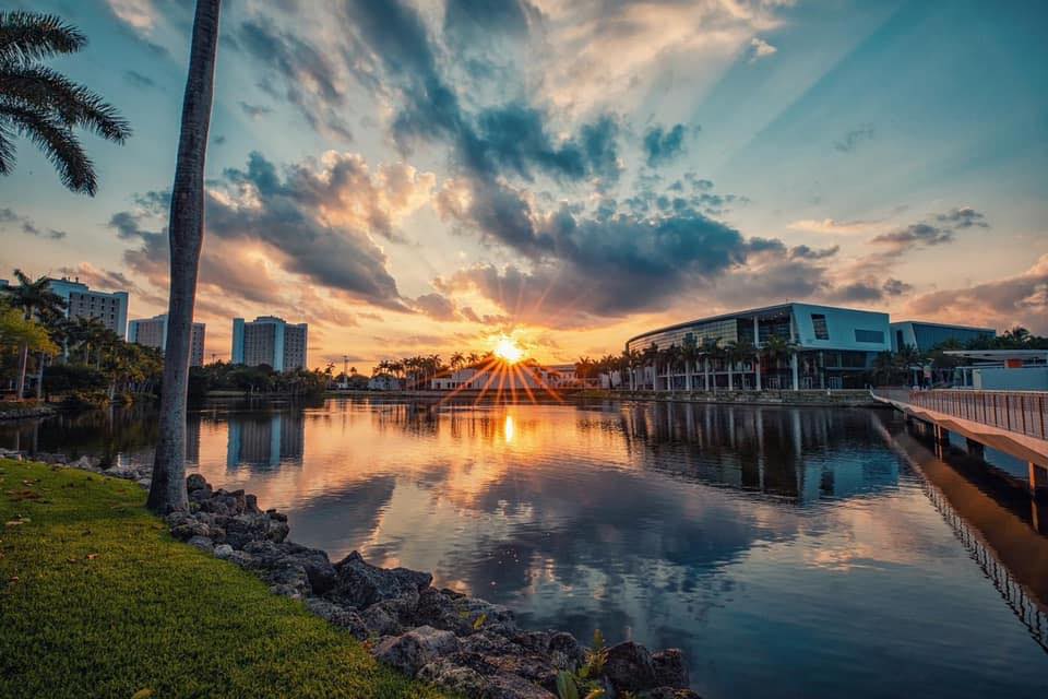 view of Shalala Student Center at sunset